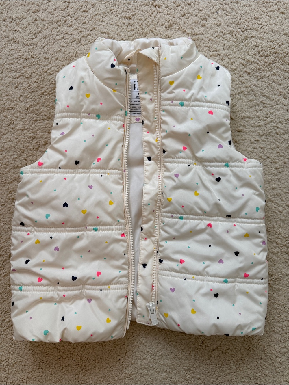 GAP Kids Cream Puffer Vest with Multicolor Heart Print